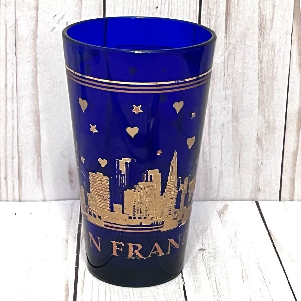 Vintage 90's San Francisco Cobalt Blue Glass Gold Skyline Hearts Stars Souvenir